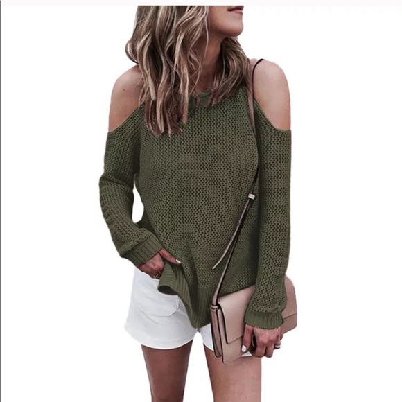 Sweaters - Olive green knitted of the shoulder sweatshirt
